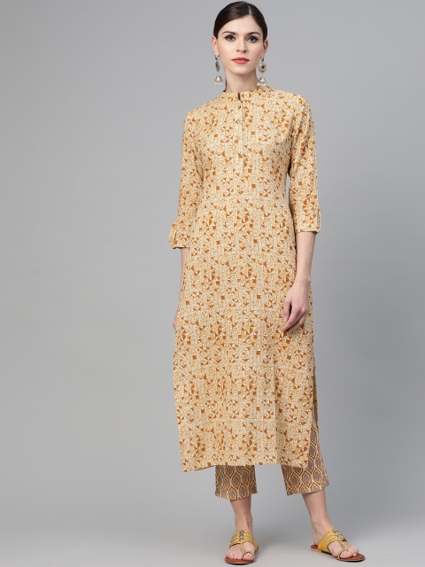 

See Designs Women Cream-Coloured Printed Panelled Pure Cotton Kurta with Trousers