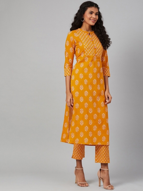 

See Designs Women Mustard Yellow Printed Empire Pure Cotton Kurta with Trousers