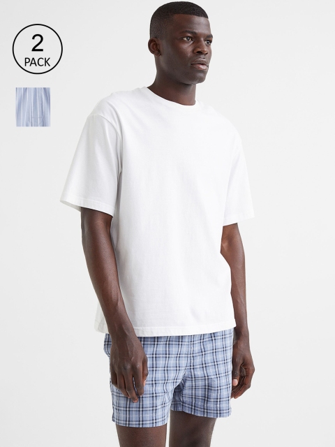 

H&M Men Pack Of 2 Blue Checked Pure Cotton Poplin Shorts