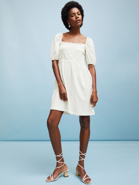 

H&M White Smocking-Detail Dress