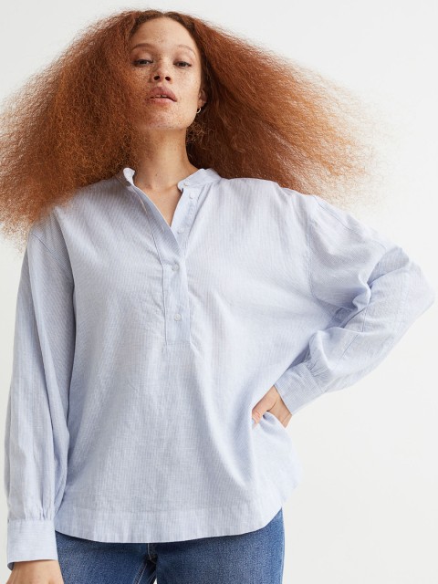 

H&M Blue Popover Linen-Blend Shirt