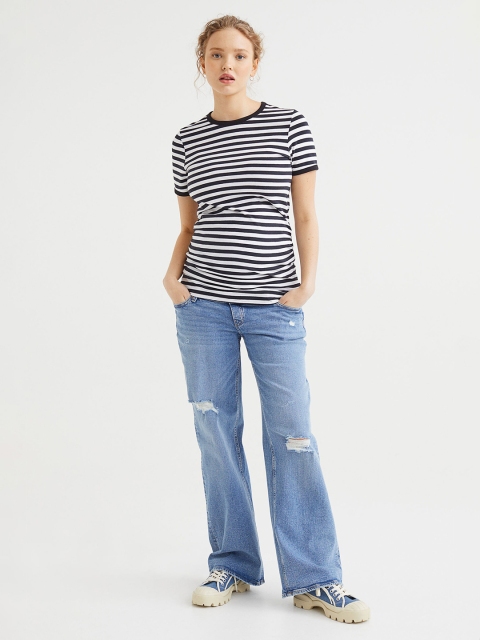 

H&M Women MAMA Blue & White Striped Cotton T-shirt