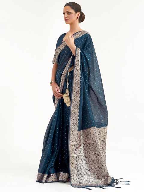 

Mitera Navy Blue & Gold-Toned Woven Design Zari Silk Blend Banarasi Saree