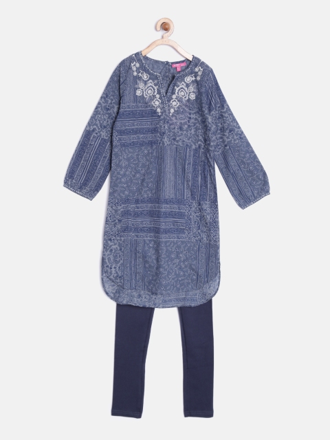 

Biba Girls Grey & Blue Printed Kurta with Churidar