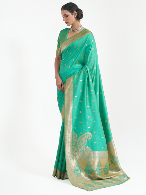 

Mitera Teal & Gold-Toned Floral Woven Design Silk Blend Banarasi Saree