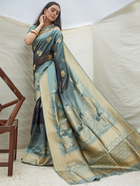 

Mitera Grey & Gold-Toned Floral Silk Blend Banarasi Saree