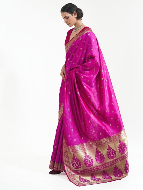 

Mitera Burgundy Floral Zari Silk Blend Banarasi Saree