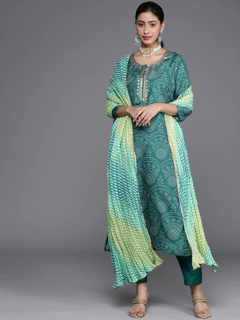 

Varanga Women Green Ethnic Motifs Printed Layered Sequinned Kurta with Trousers & With Dupatta