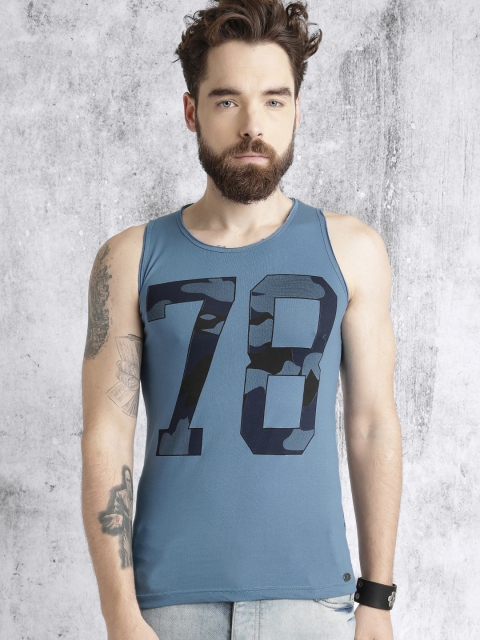 Roadster Men Blue Printed Round Neck T-shirt available at myntra for Rs.199