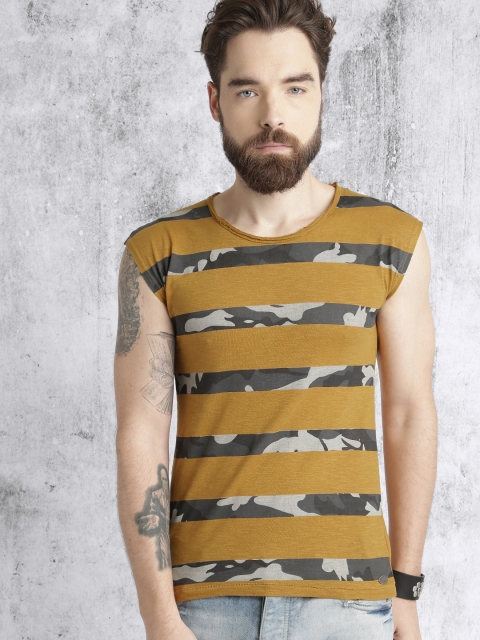 Roadster Men Mustard Yellow & Green Striped Round Neck T-shirt available at myntra for Rs.149