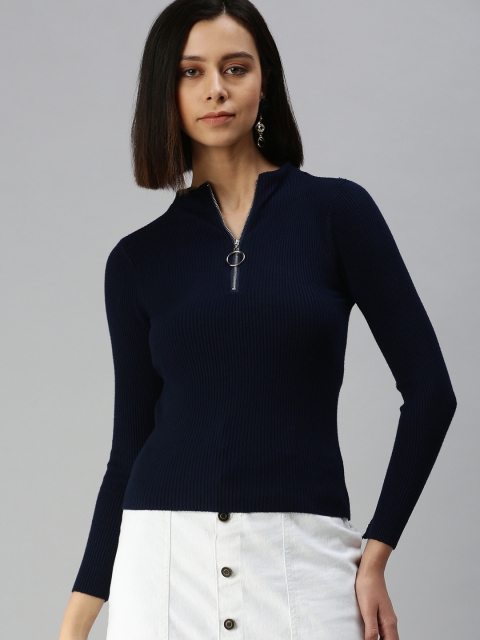 

SHOWOFF Navy Blue Striped Mandarin Collar Top
