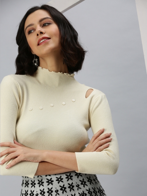 

SHOWOFF Women Cream-Coloured Solid High Neck Fitted Top