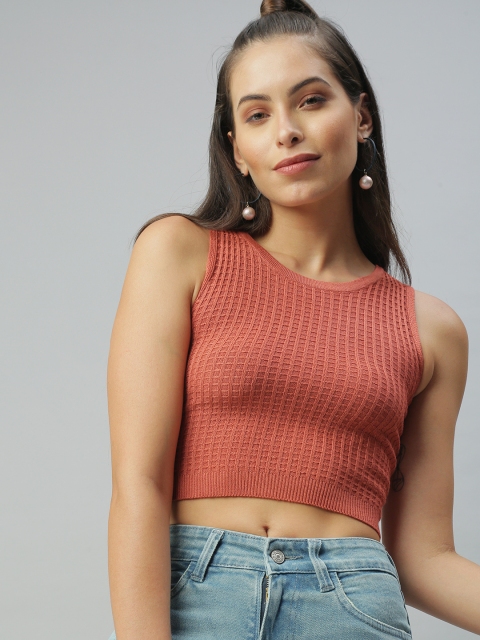 

SHOWOFF Rust & brandied melon Striped Crop Top