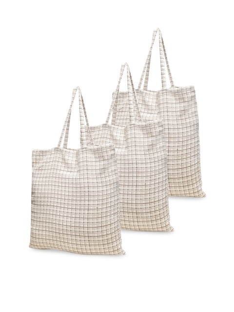 

KLOTTHE Off White Checked Oversized Shopper Tote Bag with Cut Work