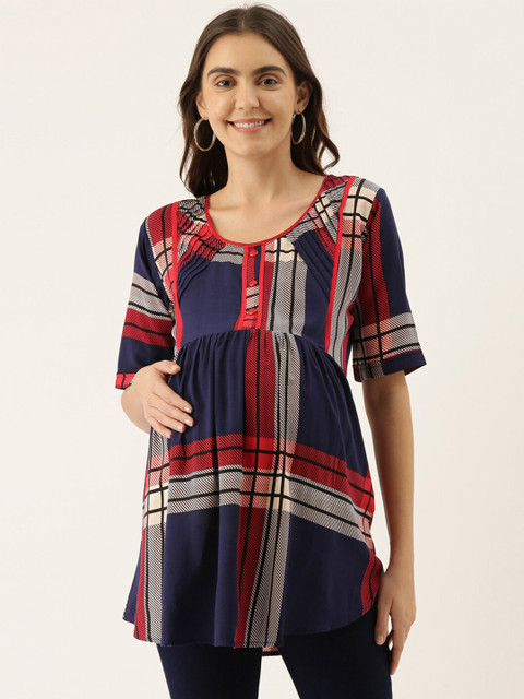 

GOLDSTROMS Maternity Women Navy Blue & Red Modal Checked Tunic
