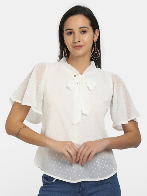 

V-Mart Off White Tie-Up Neck Top