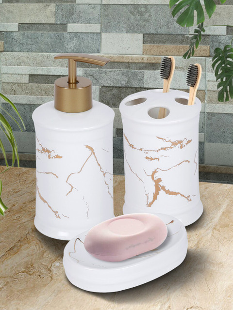 

House Of Accessories Set Of 3 White & Beige Marble Finished Bathroom Accessories