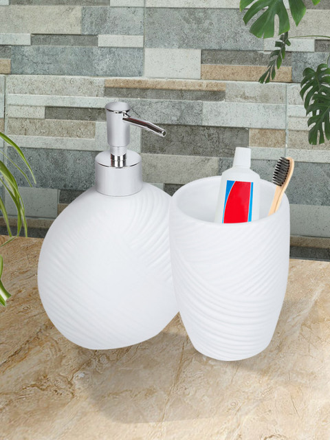 

House Of Accessories Set Of 2 White Ceramic Toothbrush Holder With Soap Dispenser