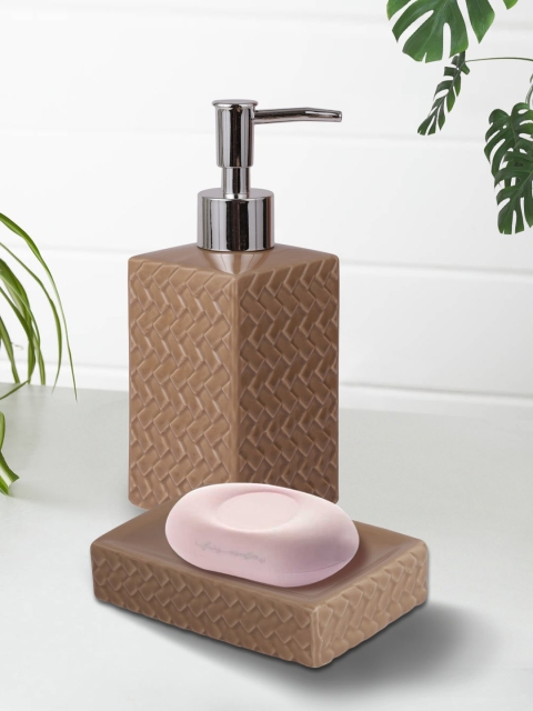 

House Of Accessories Brown Textured Ceramic Hand Wash Container & Soap Dish