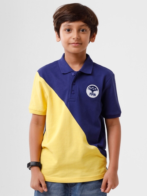

PIPIN Boys Navy Blue Colourblocked Polo Collar Applique T-shirt