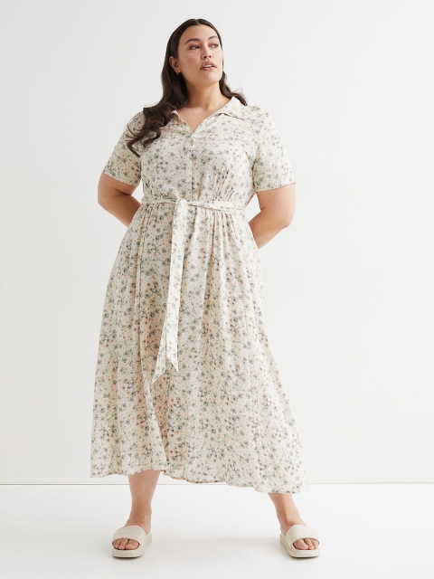 

H&M+ Plus Size Beige Floral Printed Tie-Belt Shirt Dress