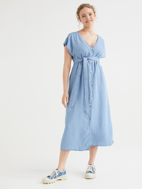 

H&M Blue Solid MAMA Tie-Belt Dress