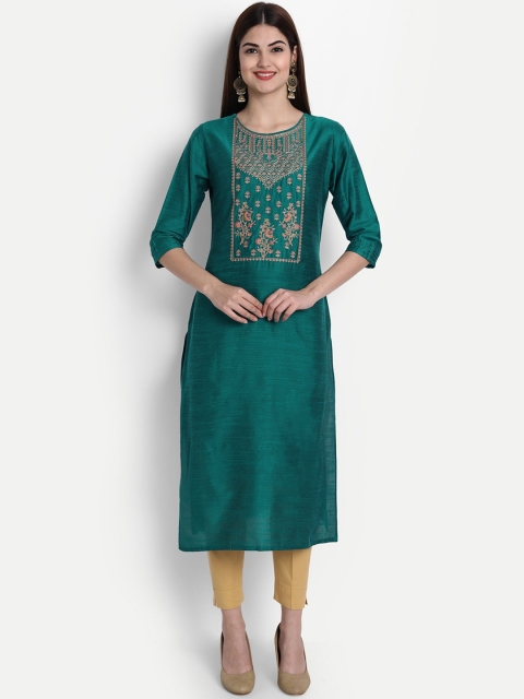

7Threads Women Turquoise Blue Ethnic Motifs Yoke Design Thread Work Kurta