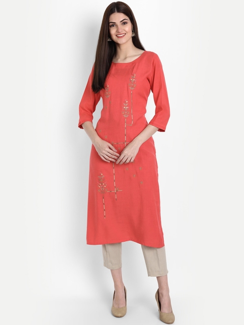 

7Threads Women Peach-Coloured Geometric Thread Work Kurta