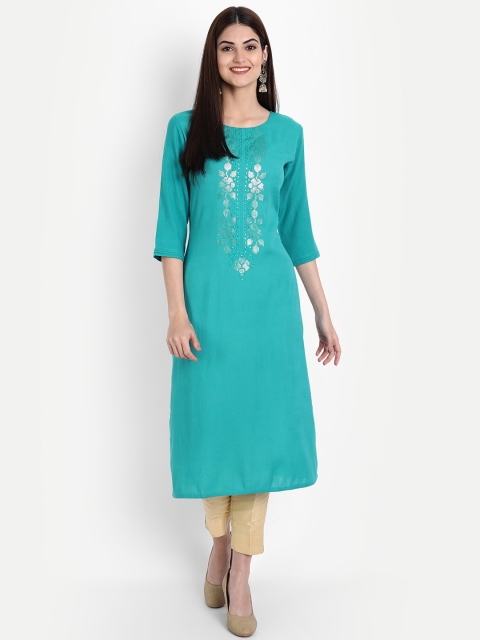 

7Threads Women Sea Green Embroidered Thread Work Kurta