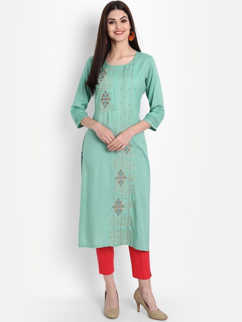 

7Threads Women Lime Green Ethnic Motifs Embroidered Thread Work Kurta
