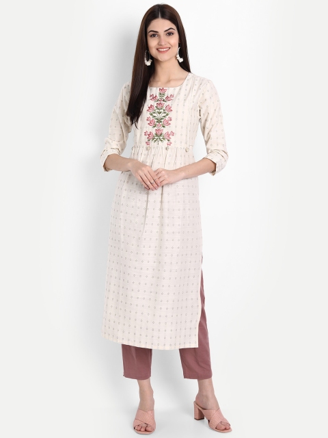 

7Threads Women Beige Geometric Embroidered Mirror Work Kurta