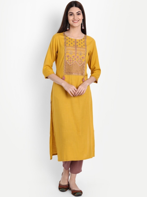 

7Threads Women Yellow Geometric Embroidered Keyhole Neck Thread Work Kurta