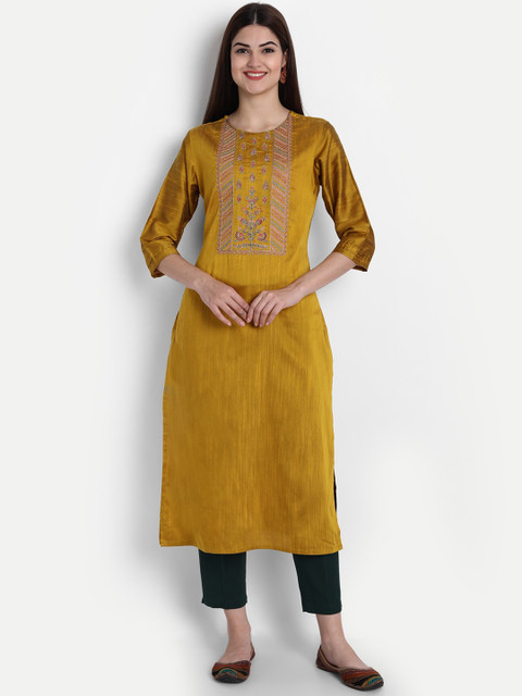 

7Threads Women Mustard Yellow Ethnic Motifs Embroidered Thread Work Kurta