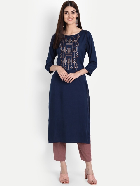 

7Threads Women Navy Blue Flared Sleeves Thread Work Kurta