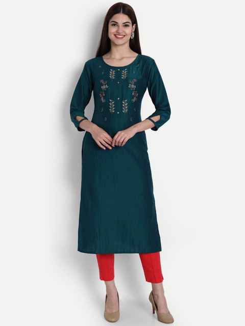 

7Threads Women Turquoise Blue Embroidered Keyhole Neck Mirror Work Kurta