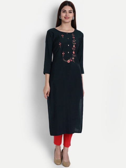 

7Threads Women Navy Blue Floral Embroidered Thread Work Kurta