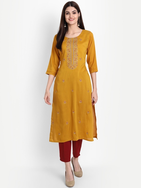 

7Threads Women Yellow Quirky Embroidered Thread Work Kurta