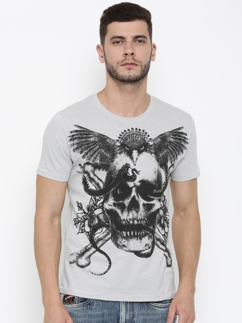 

Ed Hardy Men Grey Melange Printed Round Neck T-shirt