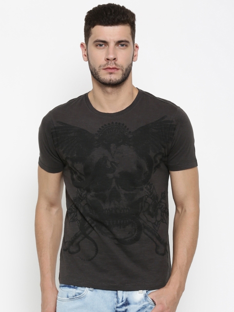 

Ed Hardy Men Charcoal Grey Printed Round Neck T-shirt