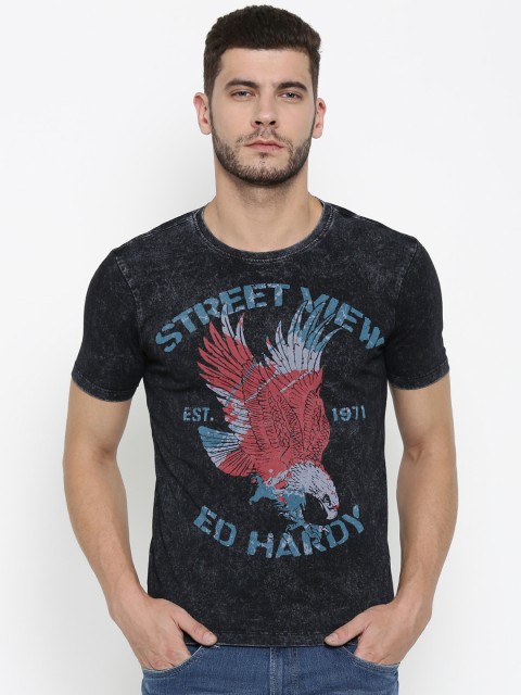 

Ed Hardy Men Charcoal Grey Printed Round Neck T-shirt