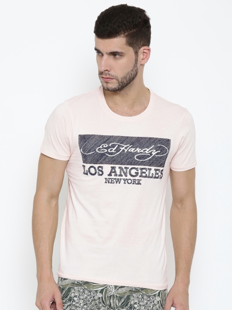 

Ed Hardy Men Light Pink Printed Round Neck T-shirt