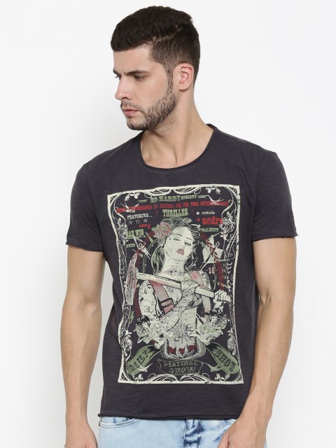 

Ed Hardy Men Charcoal Grey Printed Round Neck T-shirt