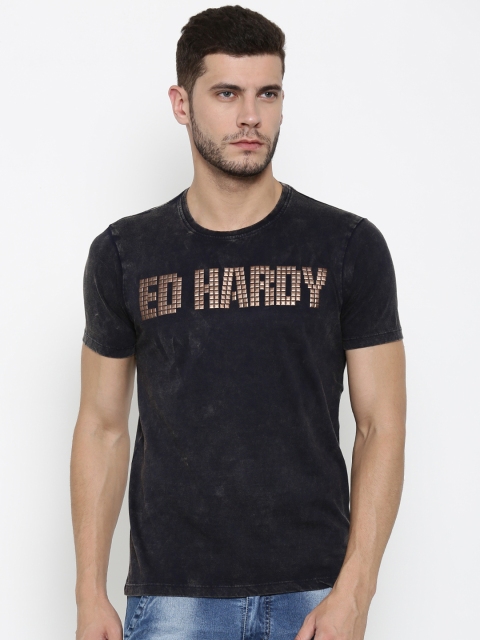 

Ed Hardy Men Charcoal Grey Solid Round Neck T-shirt