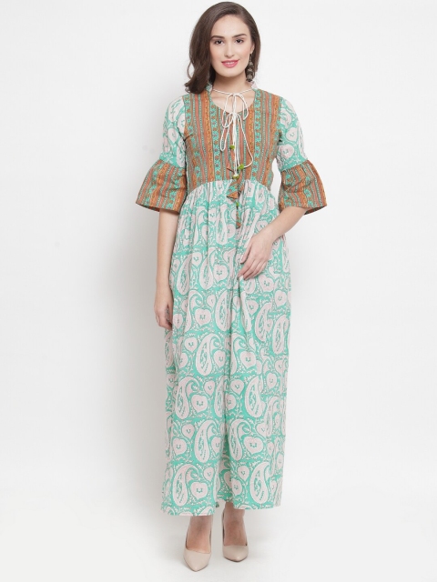 

Aujjessa Green Ethnic Motifs Tie-Up Neck Maxi Dress