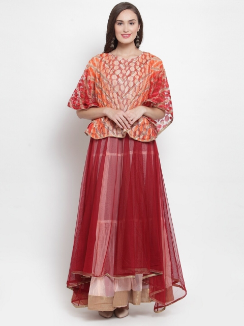 

Aujjessa Maroon Embellished Layered Net Maxi Dress