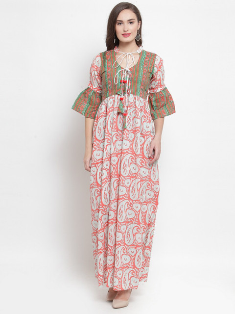 

Aujjessa Peach-Coloured Ethnic Motifs Maxi Dress