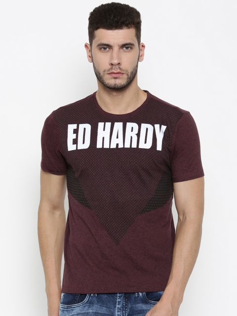 

Ed Hardy Men Burgundy Printed Round Neck T-shirt