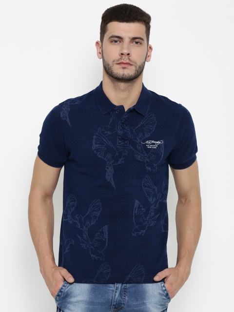 

Ed Hardy Men Navy Blue Printed Polo Collar T-shirt