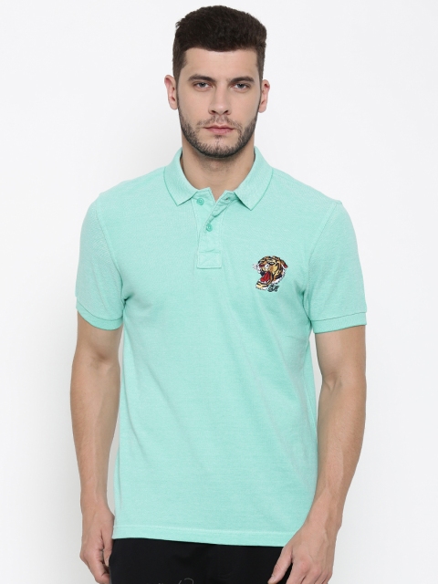 Ed Hardy Men Sea Green Solid Polo Collar T-shirt Ed Hardy Men Sea Green Solid Polo Collar T-shirt
