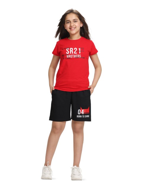 

SIDROCK Girls Red & Black Printed T-shirt with Shorts